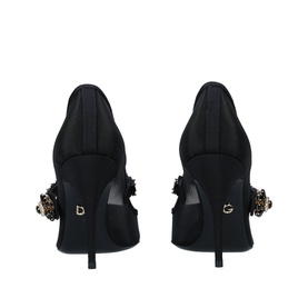 Dolce & Gabbana Crystal MJ 90 Courts in black satin with gold crystal embellished heel detail and DG logo, rear view
