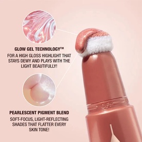 Charlotte Tilbury Hollywood Beauty Light Wand highlighter stick shown with closeup of pearlescent gel tip and product callout annotations