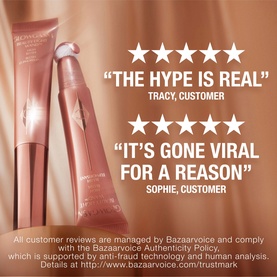 Charlotte Tilbury Hollywood Beauty Light Wand highlighter with five-star customer review quotes on rose gold background.