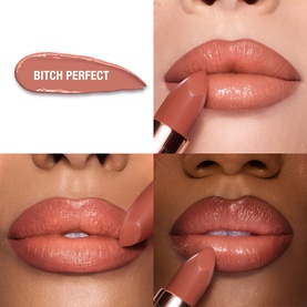 Charlotte Tilbury KISSING Lipstick in Bitch Perfect, a warm nude-pink shade shown in bullet form and worn on three skin tones.