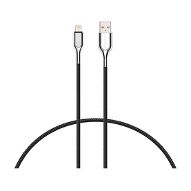 Cygnett Armored Lightning to USB-A Cable 1m in black, braided nylon with silver metal connectors, coiled on white background