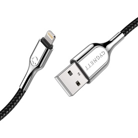 Cygnett Armored Lightning to USB-A Cable 1m in black, braided nylon with silver metal connectors, coiled display shot