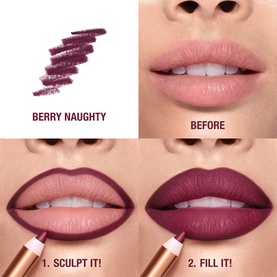Charlotte Tilbury Lip Cheat lip liner in Berry Naughty shade, shown with swatch and before/after application steps on model's lips.