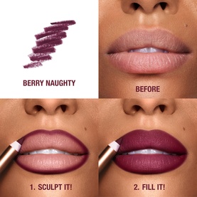 Charlotte Tilbury Lip Cheat lip liner in Berry Naughty shade, shown with before and after application steps on deep skin tone lips.