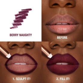 Charlotte Tilbury Lip Cheat lip liner in Berry Naughty, showing before-and-after application steps: sculpt and fill for fuller-looking lips.