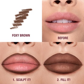 Charlotte Tilbury Lip Cheat lip liner in Foxy Brown shown with before and after swatches demonstrating sculpt and fill application steps