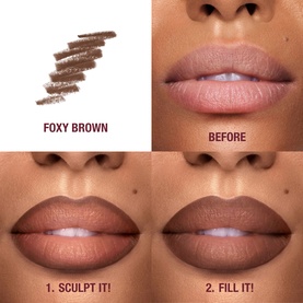 Charlotte Tilbury Lip Cheat lip liner in Foxy Brown, shown as a swatch and before-and-after application steps on model's lips.