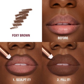 Charlotte Tilbury Lip Cheat lip liner in Foxy Brown, before-and-after application steps showing sculpt and fill technique on model's lips.