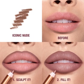 Charlotte Tilbury Lip Cheat lip liner in Iconic Nude, shown as swatch with before-and-after application steps: sculpt and fill lips.