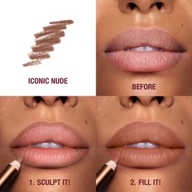 Charlotte Tilbury Lip Cheat lip liner in Iconic Nude shown as a before and after swatch demonstrating sculpt and fill application steps.