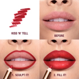 Charlotte Tilbury Lip Cheat lip liner in Kiss 'N' Tell, a red shade, shown in a before-and-after tutorial with sculpt and fill steps.