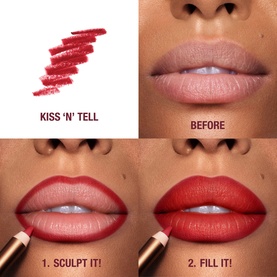Charlotte Tilbury Lip Cheat in Kiss 'N' Tell; before-and-after lips showing sculpt and fill steps using red lip liner pencil.