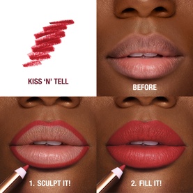 Charlotte Tilbury Lip Cheat lip liner in Kiss 'N' Tell; before and after swatch showing sculpt and fill application steps on model's lips.