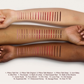 Charlotte Tilbury Lip Cheat lip liner swatches in 19 shades shown across three models with different skin tones