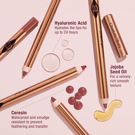 Charlotte Tilbury Lip Cheat lip liner pencils in nude and berry shades with gold packaging, showing key ingredients: hyaluronic acid, jojoba seed