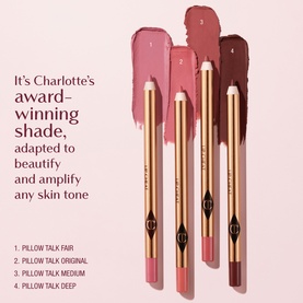 Charlotte Tilbury Lip Cheat lip liner pencils in four shades: Pillow Talk Fair, Original, Medium, and Deep, with swatches above each