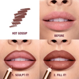 Charlotte Tilbury Lip Cheat lip liner in Hot Gossip; before-and-after steps showing sculpt and fill application on model's lips