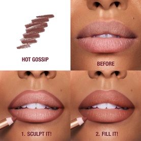 Charlotte Tilbury Lip Cheat Lip Liner in Hot Gossip; before and after swatch showing sculpt and fill application steps on model's lips