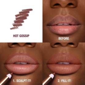 Charlotte Tilbury Lip Cheat Lip Liner in Hot Gossip, a mauve-brown shade, shown with swatch and before-and-after lip application steps.