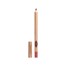 Charlotte Tilbury Lip Cheat lip liner pencil with gold barrel and cap, shown open and closed in a mauve-pink shade.
