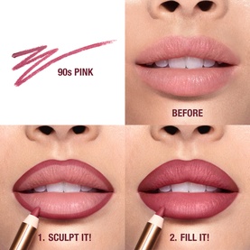 Charlotte Tilbury Lip Cheat lip liner in 90s Pink, before-and-after swatch showing sculpt and fill application steps on model lips.
