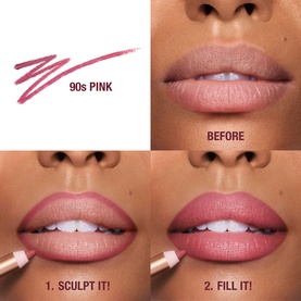Charlotte Tilbury Lip Cheat lip liner in 90s Pink, before-and-after swatch showing sculpt and fill application steps on model's lips.