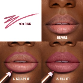 Charlotte Tilbury Lip Cheat lip liner in 90s Pink, shown as swatch with before and after application steps on model's lips.