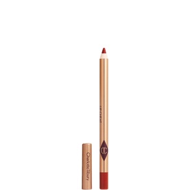 Charlotte Tilbury Lip Cheat lip liner pencil in warm brick-red shade, shown with gold-tone cap removed beside pencil