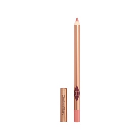 Charlotte Tilbury Lip Cheat lip liner pencil in Pillow Talk Fair, a soft nude-pink shade, with rose gold branding, cap removed, 1.2g
