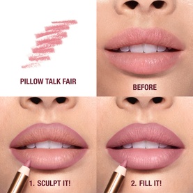 Charlotte Tilbury Lip Cheat lip liner in Pillow Talk Fair, shown with swatch and before-and-after application steps on model's lips