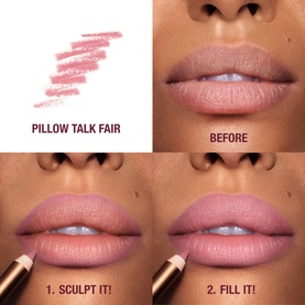 Charlotte Tilbury Lip Cheat in Pillow Talk Fair lip liner; before-and-after showing sculpt and fill application steps on model's lips