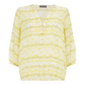 Mint Velvet Callie Floral Print Blouse in yellow, relaxed fit with 3/4 sleeves, V-neckline, and delicate floral pattern throughout