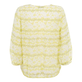 Mint Velvet Callie Floral Print Blouse in yellow, semi-sheer fabric with floral stripe print and blouson sleeves