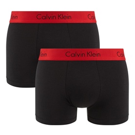 Calvin Klein 2 Pack Pro Stretch Cotton Trunks in black with red logo waistbands, flat lay product shot