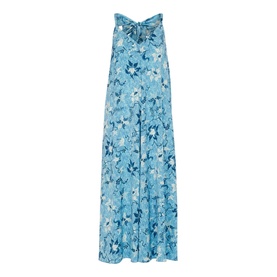 Whistles Cecilia Batik Garland Dress in blue with floral print, tie-front neckline, and wide-leg silhouette