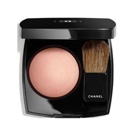 CHANEL Powder Blush compact with peach-pink baked blush pan and integrated brush, shown open in black case