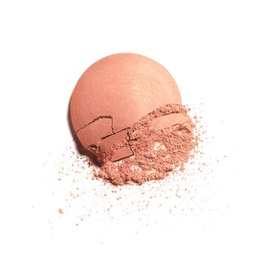 CHANEL Powder Blush in Reflex, crushed peachy-nude blush sphere with scattered powder pigment on white background