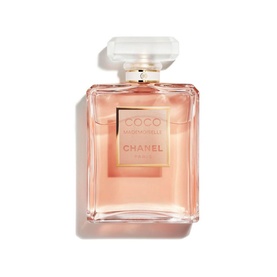Chanel Coco Mademoiselle Eau De Parfum Spray in clear glass bottle with gold label and white cap
