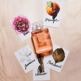 Chanel Coco Mademoiselle Eau De Parfum Spray surrounded by illustrated ingredient cards: rose, orange, jasmine, vetiver, patchouli