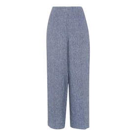 Whistles Chambray Linen Cropped Trousers in blue, wide-leg silhouette with elasticated waistband and cropped hem
