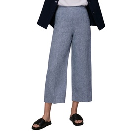 Model wearing Whistles Chambray Linen Cropped Trousers in blue, wide-leg cut, styled with black slides and navy blazer