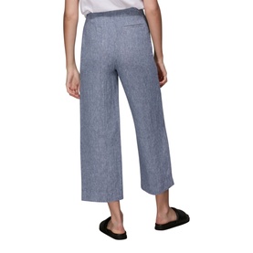 Model wearing Whistles Chambray Linen Cropped Trousers in blue, wide-leg cut, shown from behind with black sandals