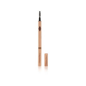 Charlotte Tilbury Brow Cheat brow pencil in Taupe, 0.1g, with spoolie brush end and rose gold casing, cap removed