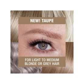 Charlotte Tilbury Brow Cheat Brow Pencil in Taupe, shown on light to medium blonde brow, close-up eye detail shot