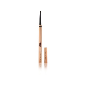 Charlotte Tilbury Brow Cheat brow pencil in Natural Black, slim rose gold barrel with fine tip and cap shown separately, 0.1g