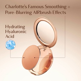 Charlotte Tilbury Airbrush Flawless Finish compact in rose gold, open to reveal mirror, with smoothing and pore-blurring benefit text overlay