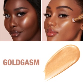Charlotte Tilbury Beauty Light Wand Highlighter in Goldgasm shade shown on two models with product swatch, Medium/Deep skin tones