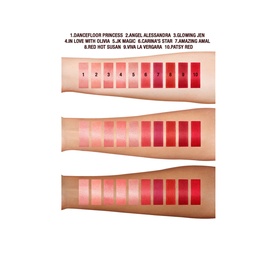 Charlotte Tilbury Hot Lips 2.0 Refill swatch lineup across three arm skin tones, showing 10 shades including Red Hot Susan
