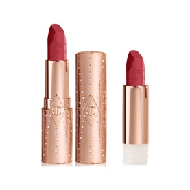 Charlotte Tilbury Matte Revolution Refill lipstick in First Dance, rose-pink shade, shown with rose gold bullet case and separate refill click-in