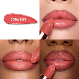 Charlotte Tilbury KISSING Lipstick in Yes Honey, shown as bullet and lip swatch collage across three skin tones